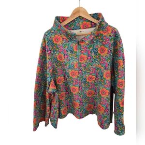 Natural Life Women's Floral Boho Quarter Zip Pullover Unfinished Fray Hem L/XL